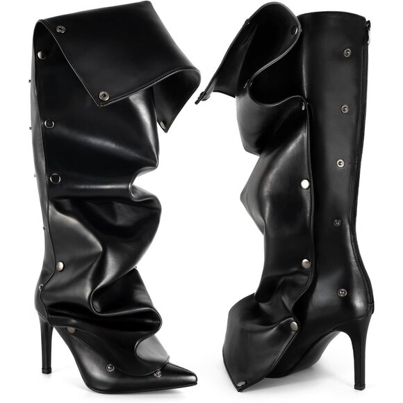 ⚡Women's Black Knee High Shark Boots Pointed Toe High Heels Ruched Stiletto - Picture 1 of 7